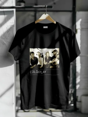 Front view of a unisex T-shirt featuring a graphic print of Coldplay bandmates, celebrating the band's iconic members