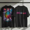 Front view of a unisex T-shirt featuring the name 'Coldplay' in bold typography and back view with the iconic flower of life imagery