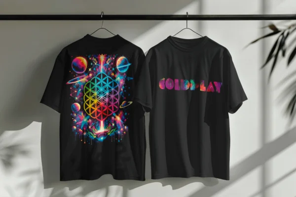 Front view of a unisex T-shirt featuring the name 'Coldplay' in bold typography and back view with the iconic flower of life imagery